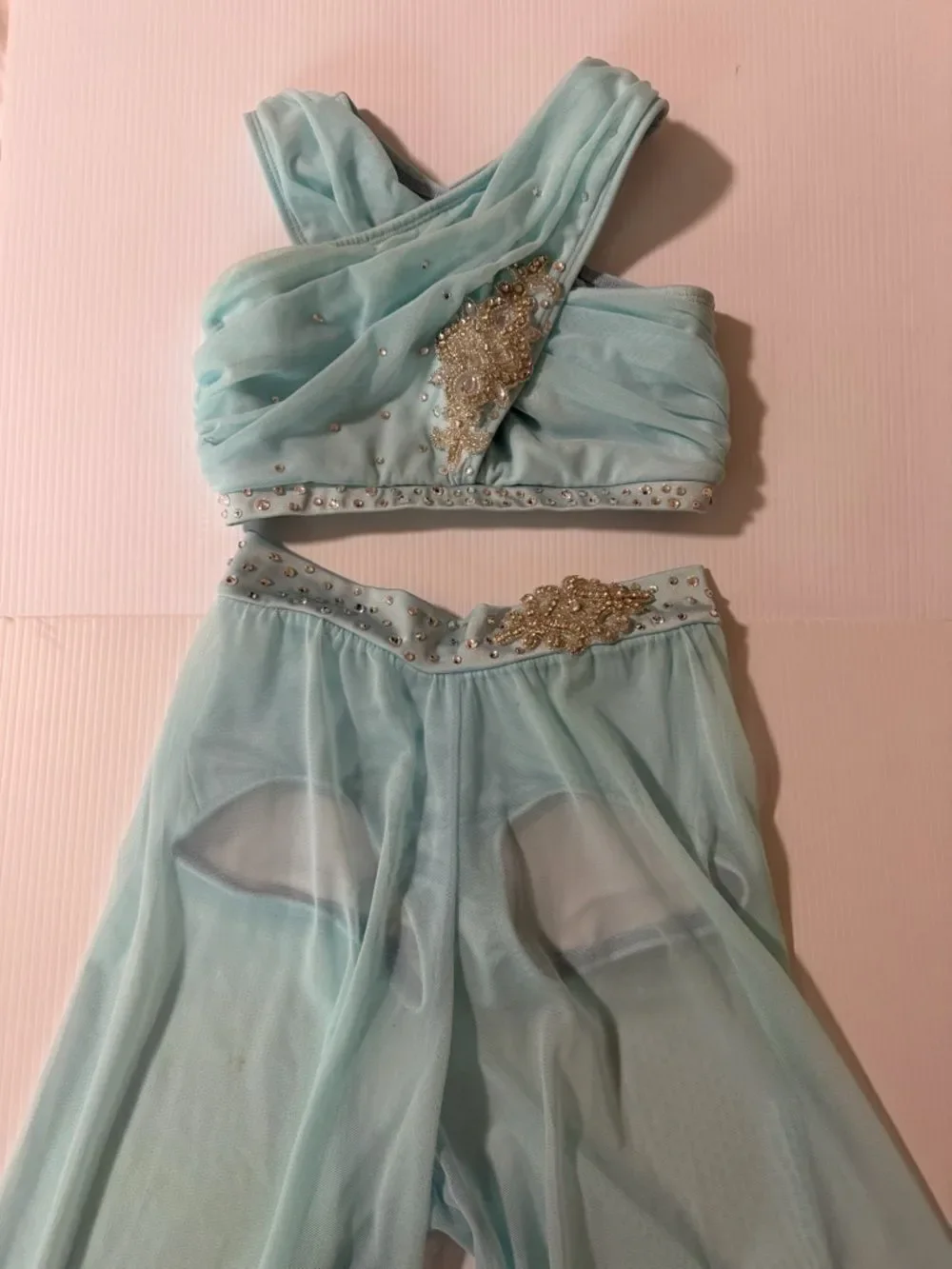 The Line up solo dance costume 2 piece blue wide leg illusion XXS adult